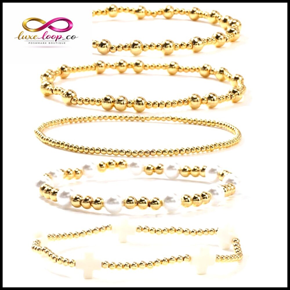 Gold Beaded Stretch Bracelets Stackable Boho Chri… - image 1